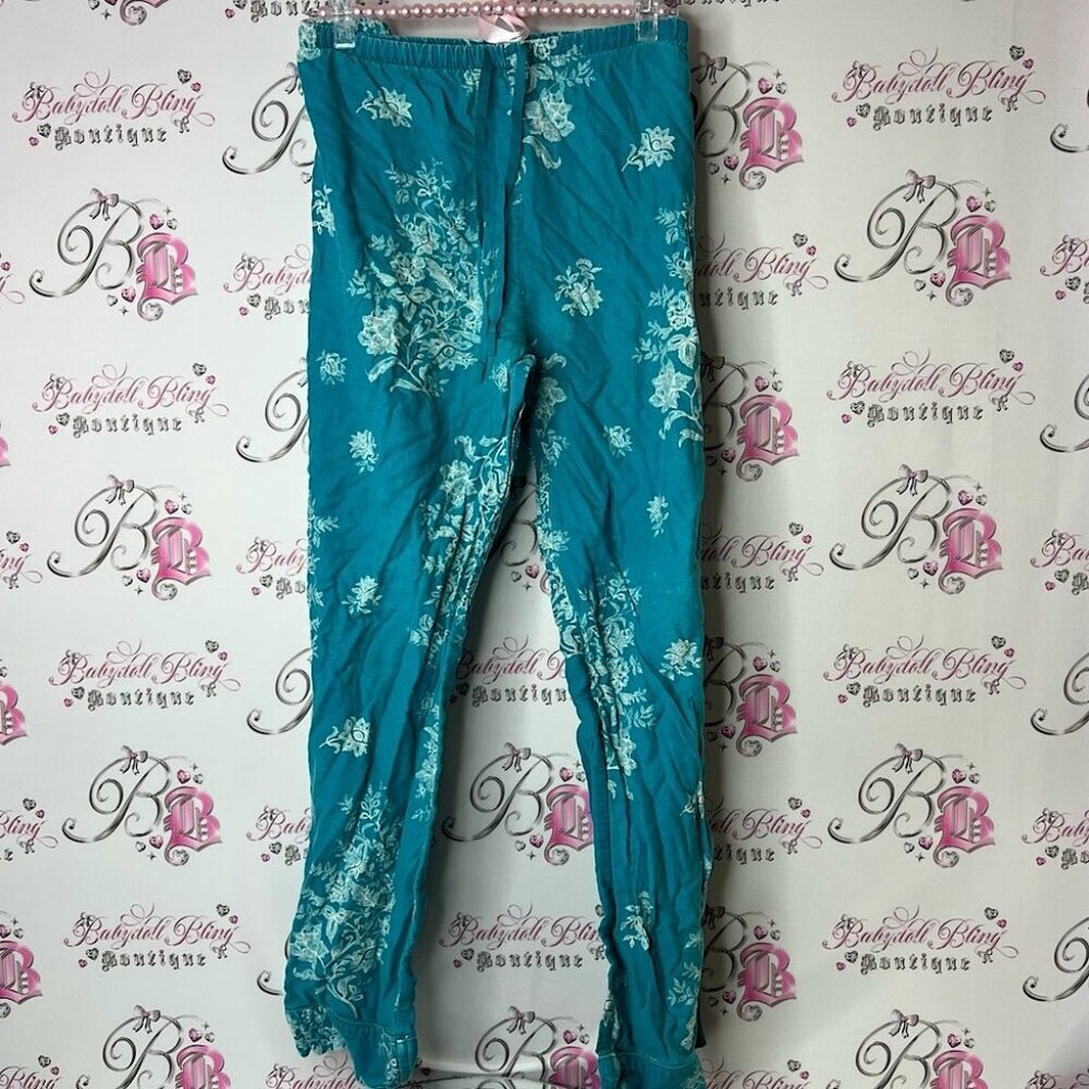 La SENZA pants bottoms flare floral vintage flowers Teal and White Floral Pants